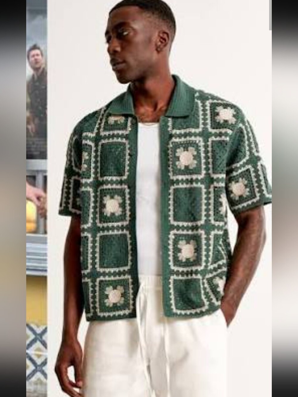 Abercrombie & Fitch Green Crochet Short-Sleeve with Cream Accentsi